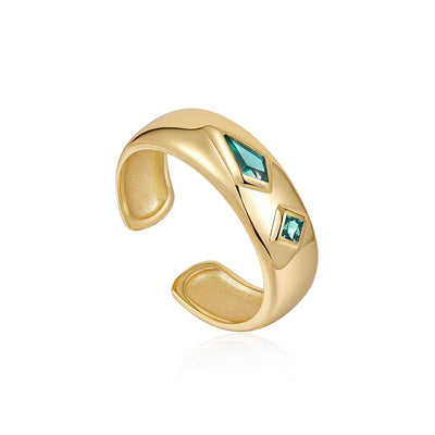 Gold Teal Sparkle Emblem Thick Band Ring