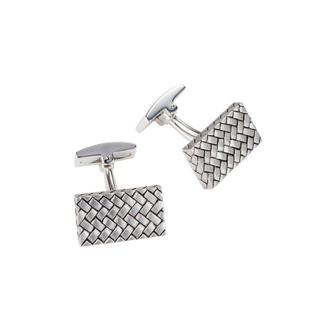 Brushed Rhodium Plated Sterling Silver Woven Pattern Rectangle Cufflinks