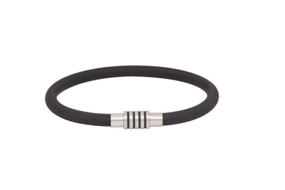 Black Neoprene Rubber Bracelet with Ion Plated Black Enamel Stripes on Stainless Steel Clasp