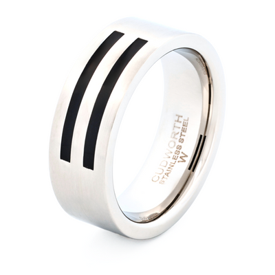 Brushed Stainless Steel and Double Striped Black Enamel Ring