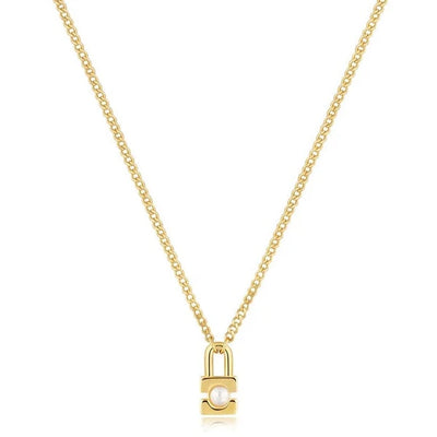 Gold Pearl Padlock Necklace