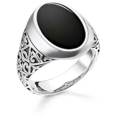 Rebel Black Onyx Engraved Signet Ring