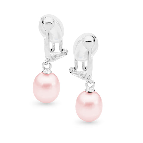 Sterling Silver Pink Pearl Clip On Drop Earrings