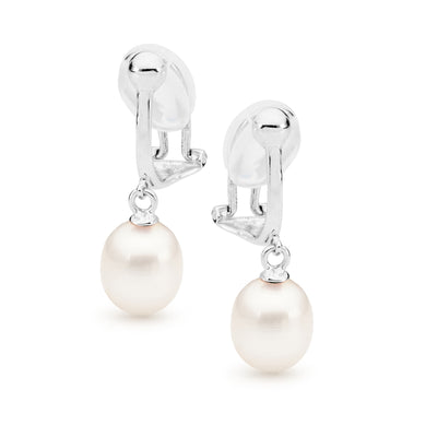 Sterling Silver White Pearl Clip On Drop Earrings