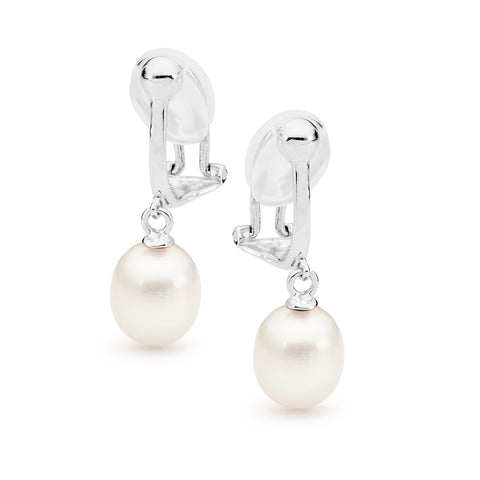 Sterling Silver White Pearl Clip On Drop Earrings