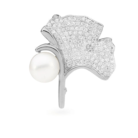 Sterling Silver Cubic Zirconia and Pearl Leaf Brooch
