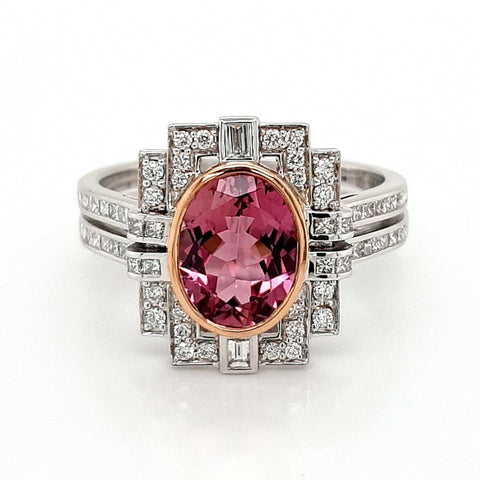 18k Art Deco Pink Tourmaline and Diamond Ring